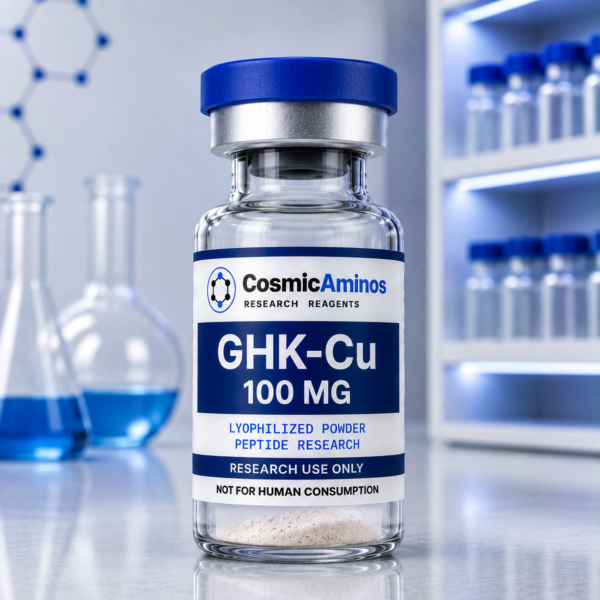 GHK-Cu 100 mg lyophilized copper peptide research vial with label