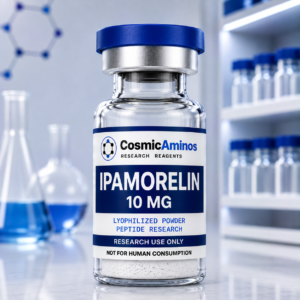 Ipamorelin 10 mg lyophilized peptide research vial with label