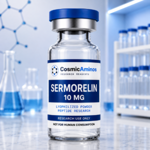 Sermorelin 10 mg lyophilized peptide research vial with label