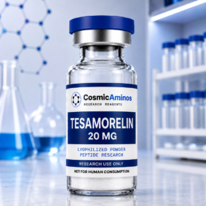 Tesamorelin 20 mg lyophilized peptide research vial with label