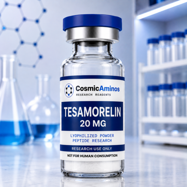 Tesamorelin 20 mg lyophilized peptide research vial with label